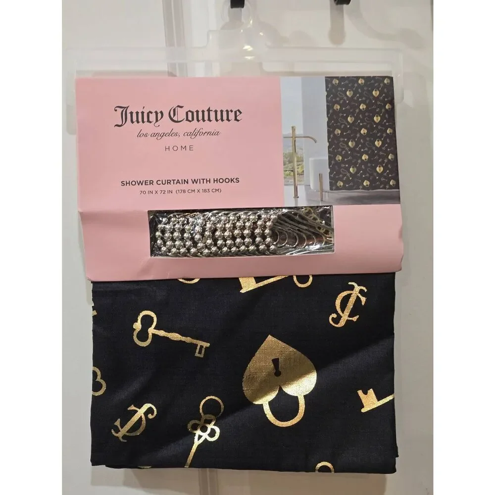 Juicy Couture Home JC Logo Heart Lock & Key Fabric‎ Shower Curtain w/Hooks